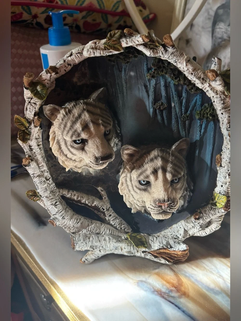 Ebros Albino Bengal White Tiger Couple Playing by Curved Tree Branch Statue
